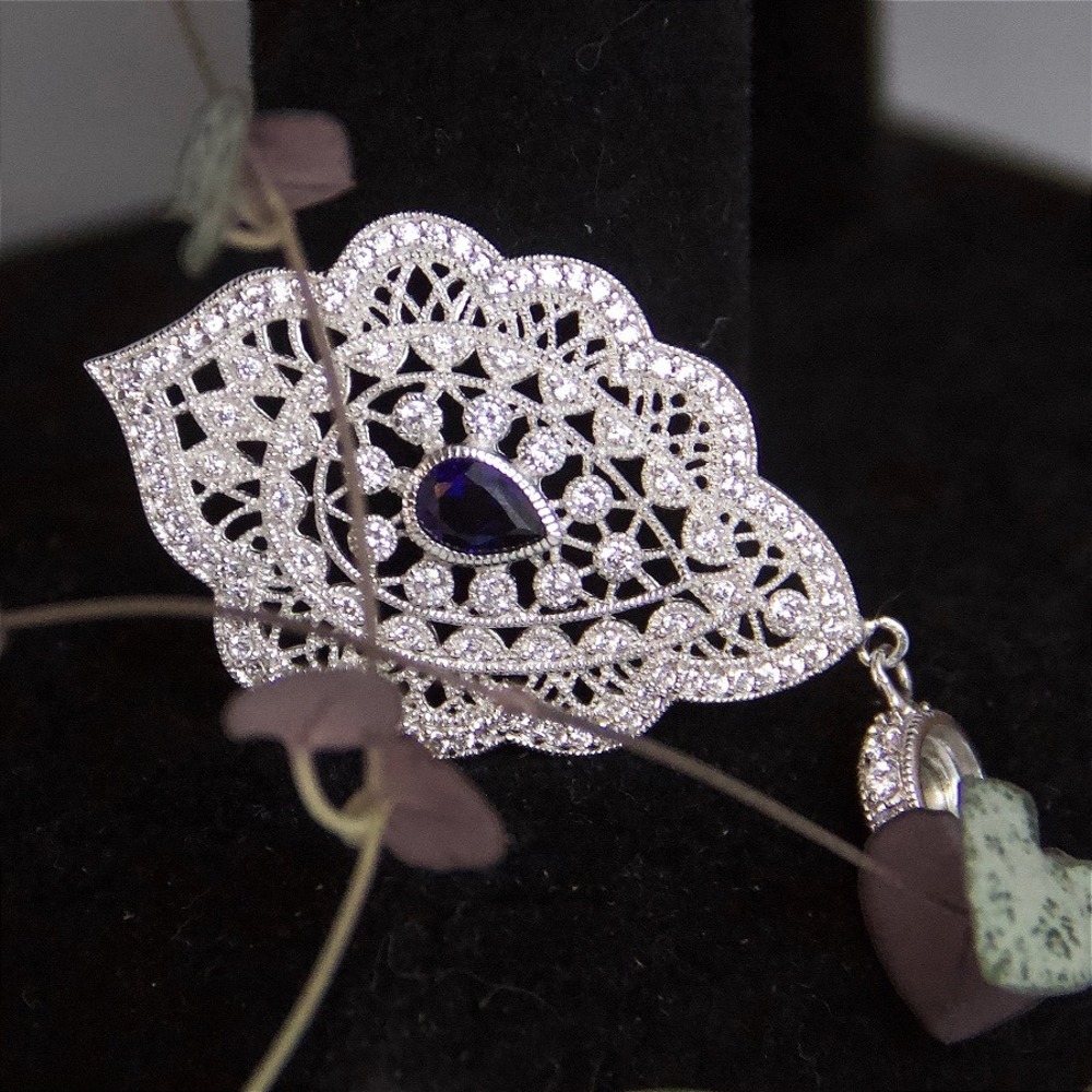 ESPO Sterling Silver 925 CZ Blue Sapphire Magnetic Snap Filigree Pendant - Picture 2 of 8